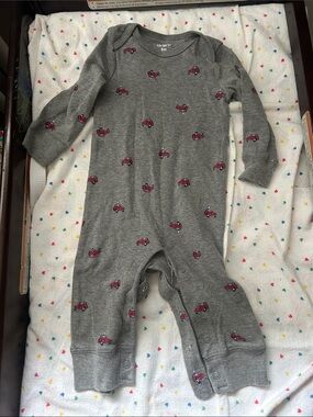 Carter's Gray Long-Sleeve Footed One-Piece with Red Car Print